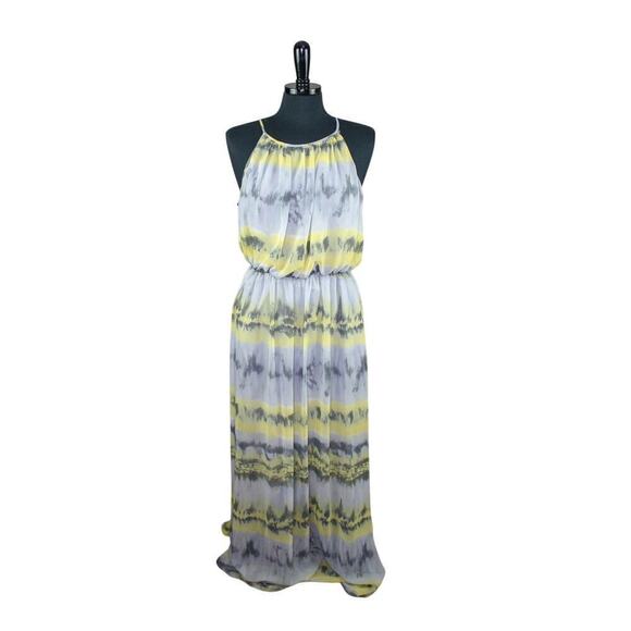 Betsey Johnson Maxi Dress Blouson Halter Gray Yellow Layered Beach 10